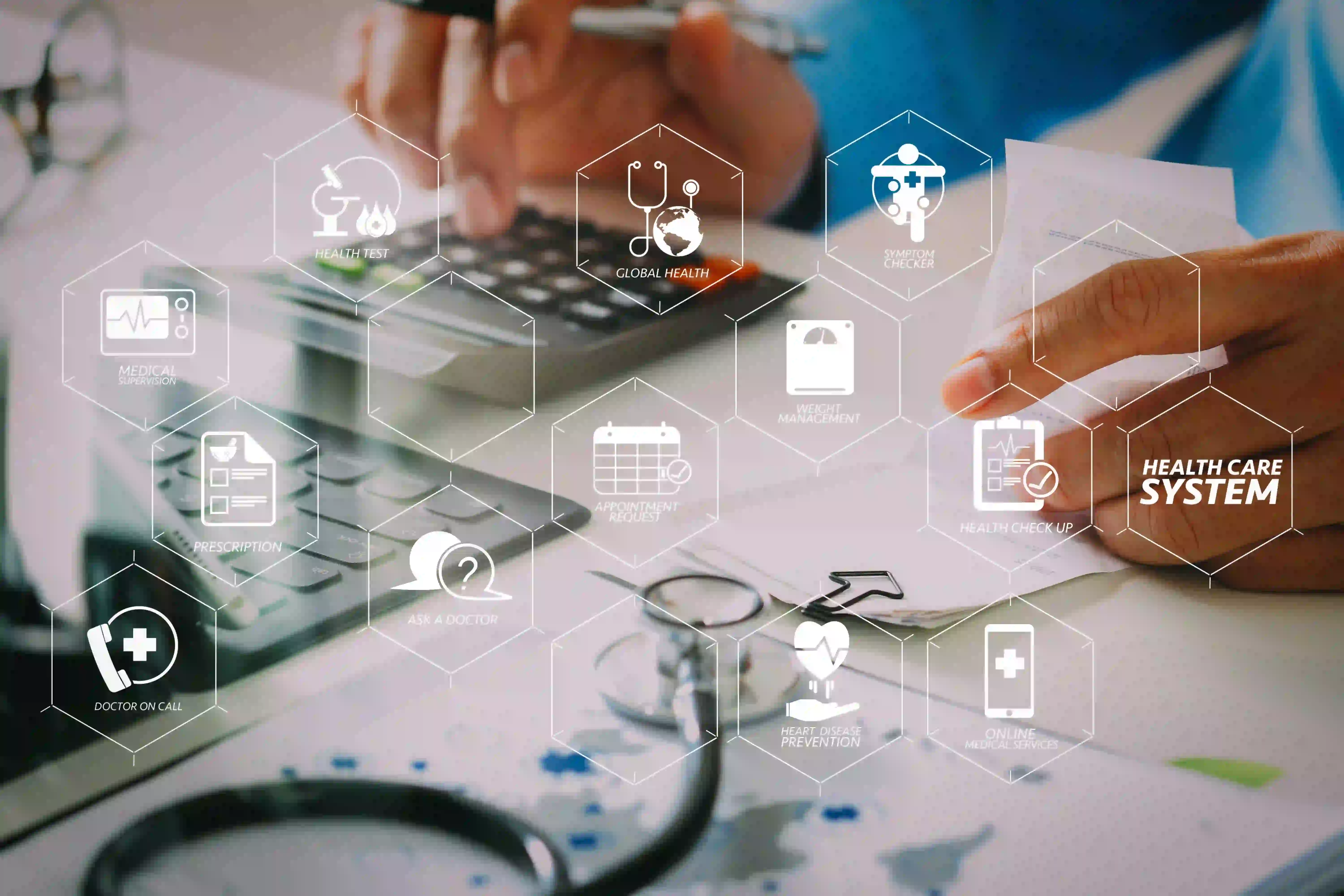 A person signs a document at a desk with medical-themed icons related to healthcare floating over the image. Items on the desk include a stethoscope, laptop, phone, and various papers. The icons represent concepts such as health tests, prescriptions, online medical services, and the benefits of hospital management systems